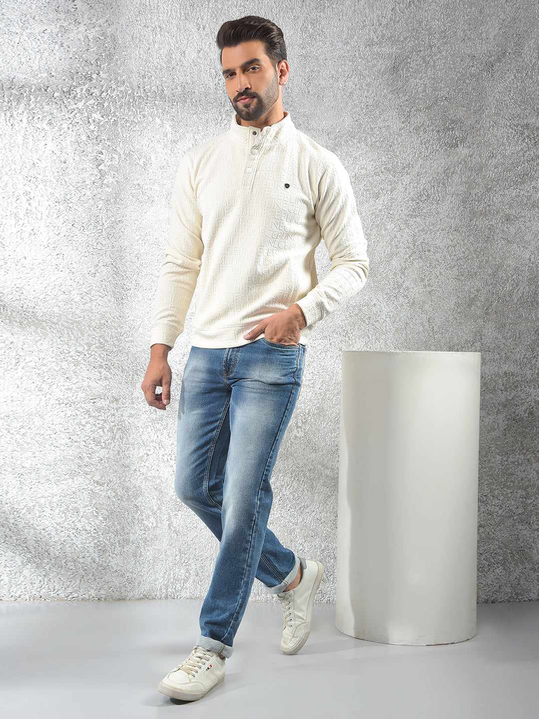 Cream Embossed Polo Sweatshirt