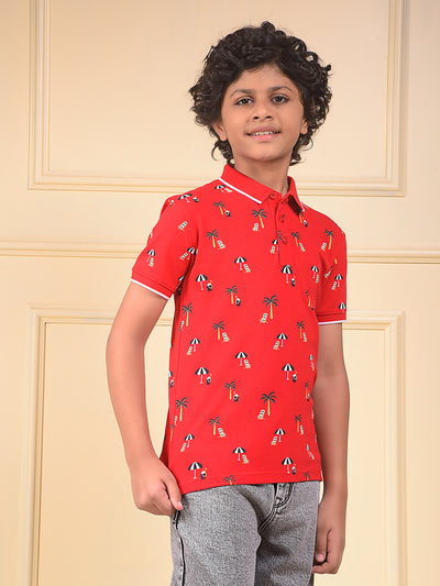 Red Floral Print Polo Neck T-Shirt