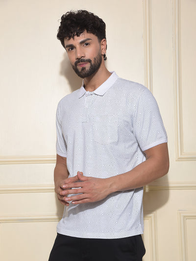 White Printed Polo-Neck T-Shirt