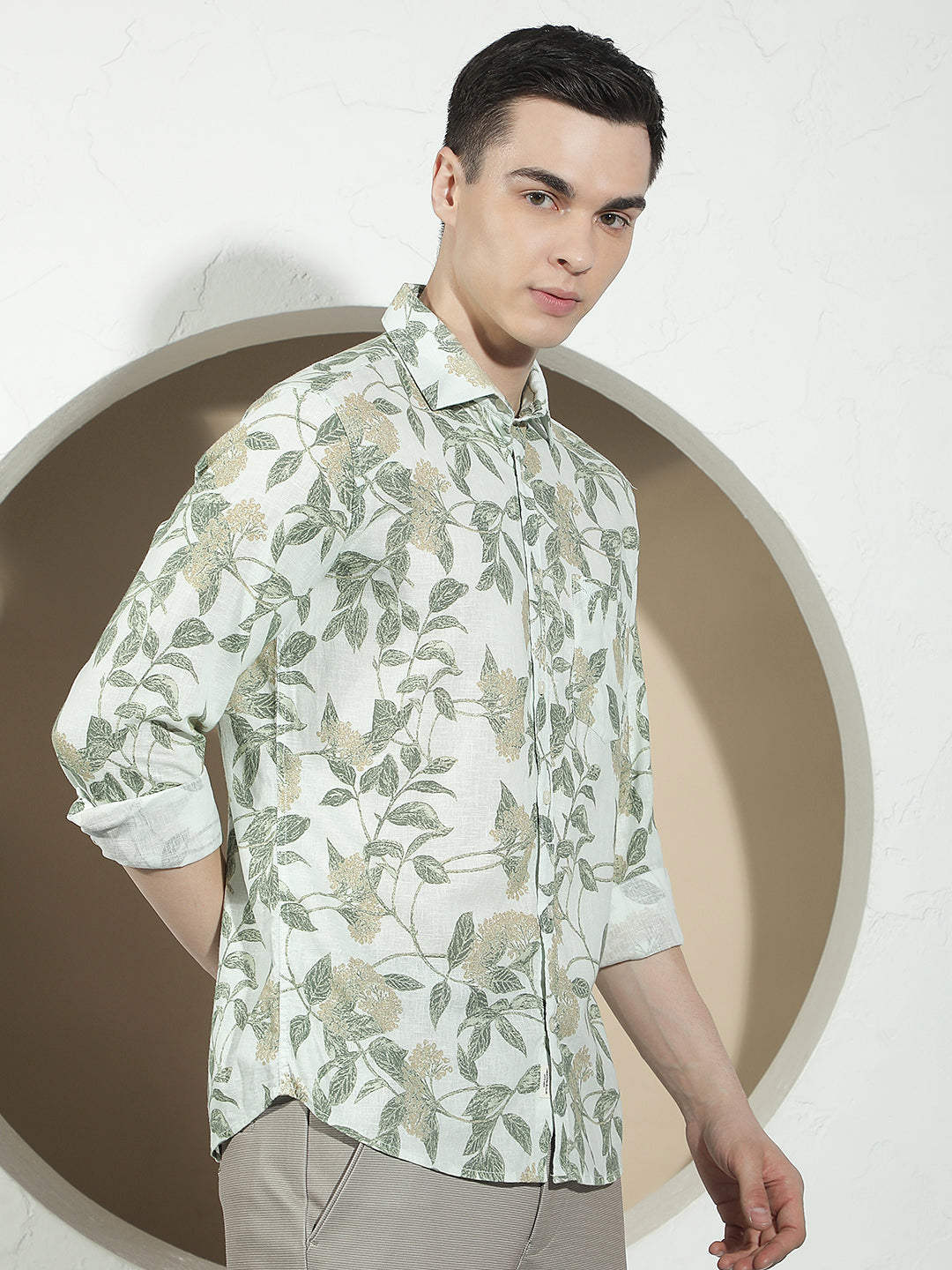 Green Botanical Print Linen Shirt