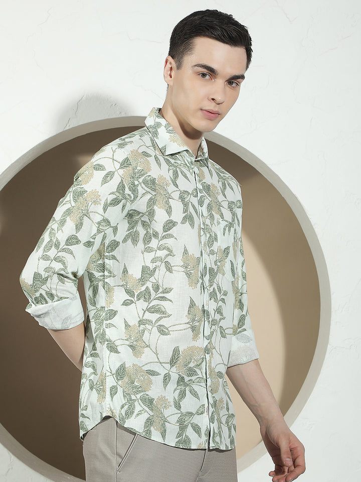 Green Botanical Print Linen Shirt