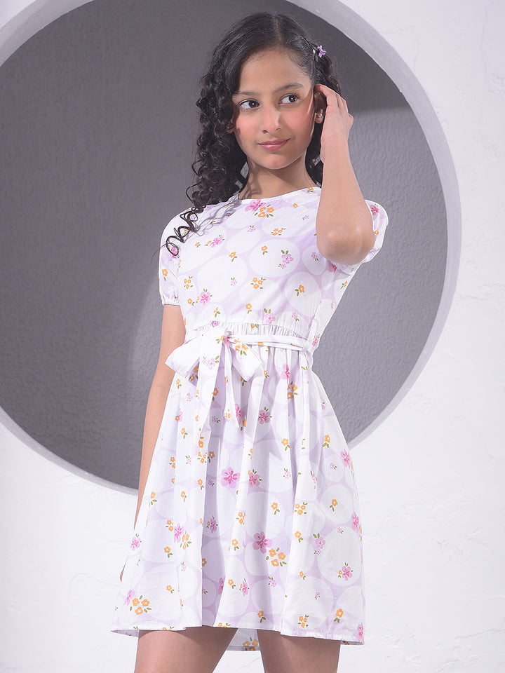 Orange Floral Print 100% Cotton With Belt Mini Dress