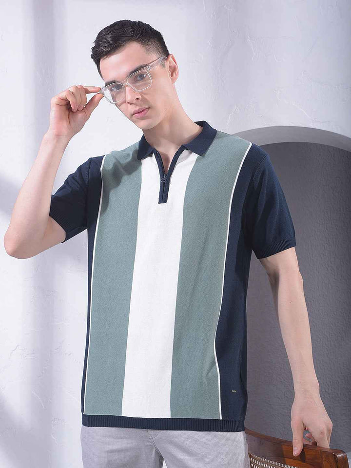 Color-Blocked 100% Cotton Polo Neck T-Shirt with Zip Closure