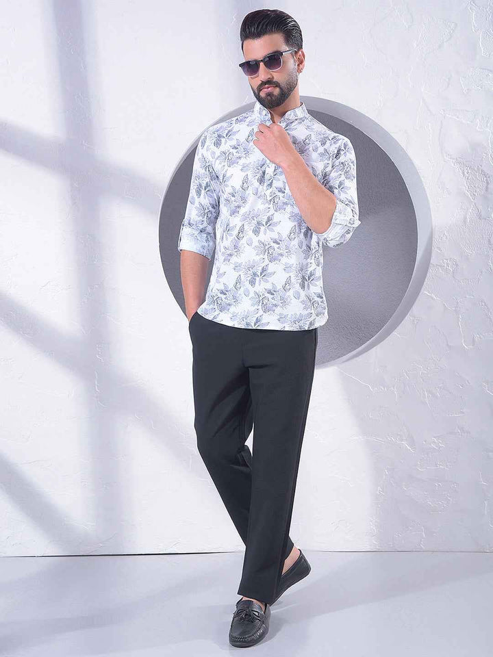 Grey Floral Print 100% Cotton Kurta