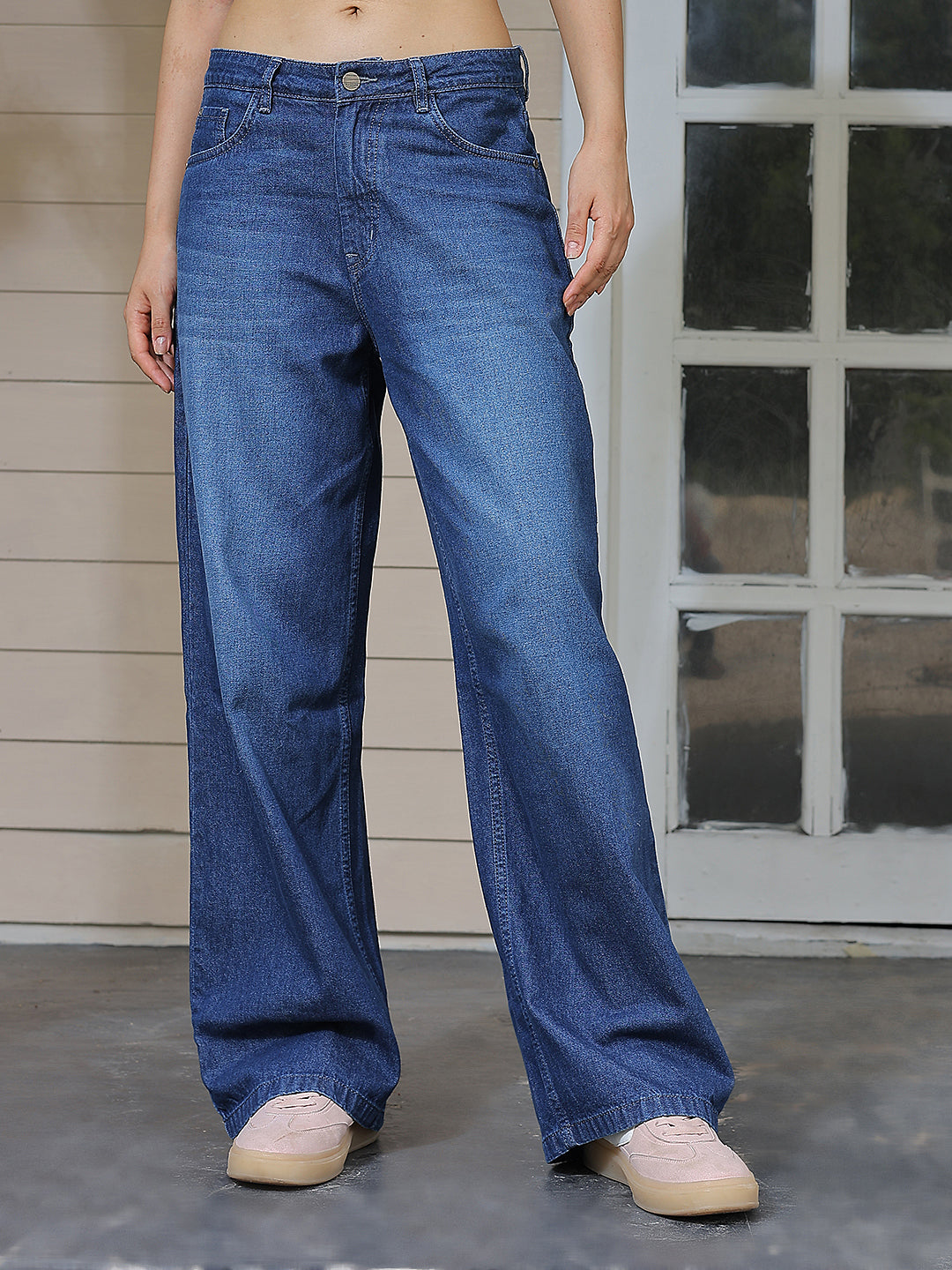 Blue 100% Cotton Wide Leg Jeans