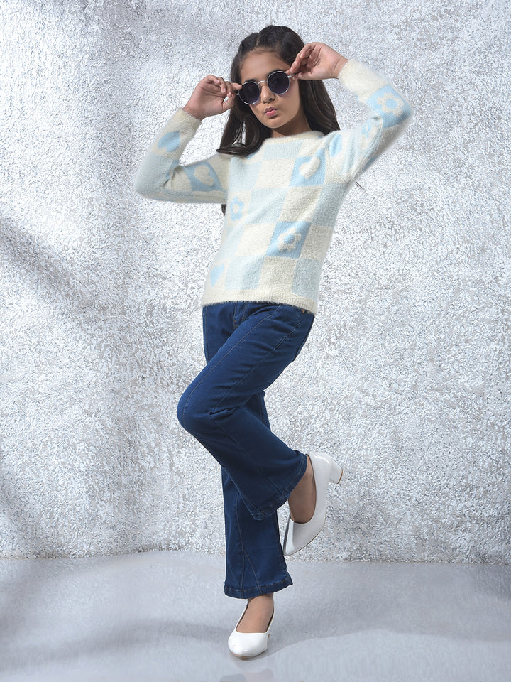 Blue Graphic Print Knitted Sweater