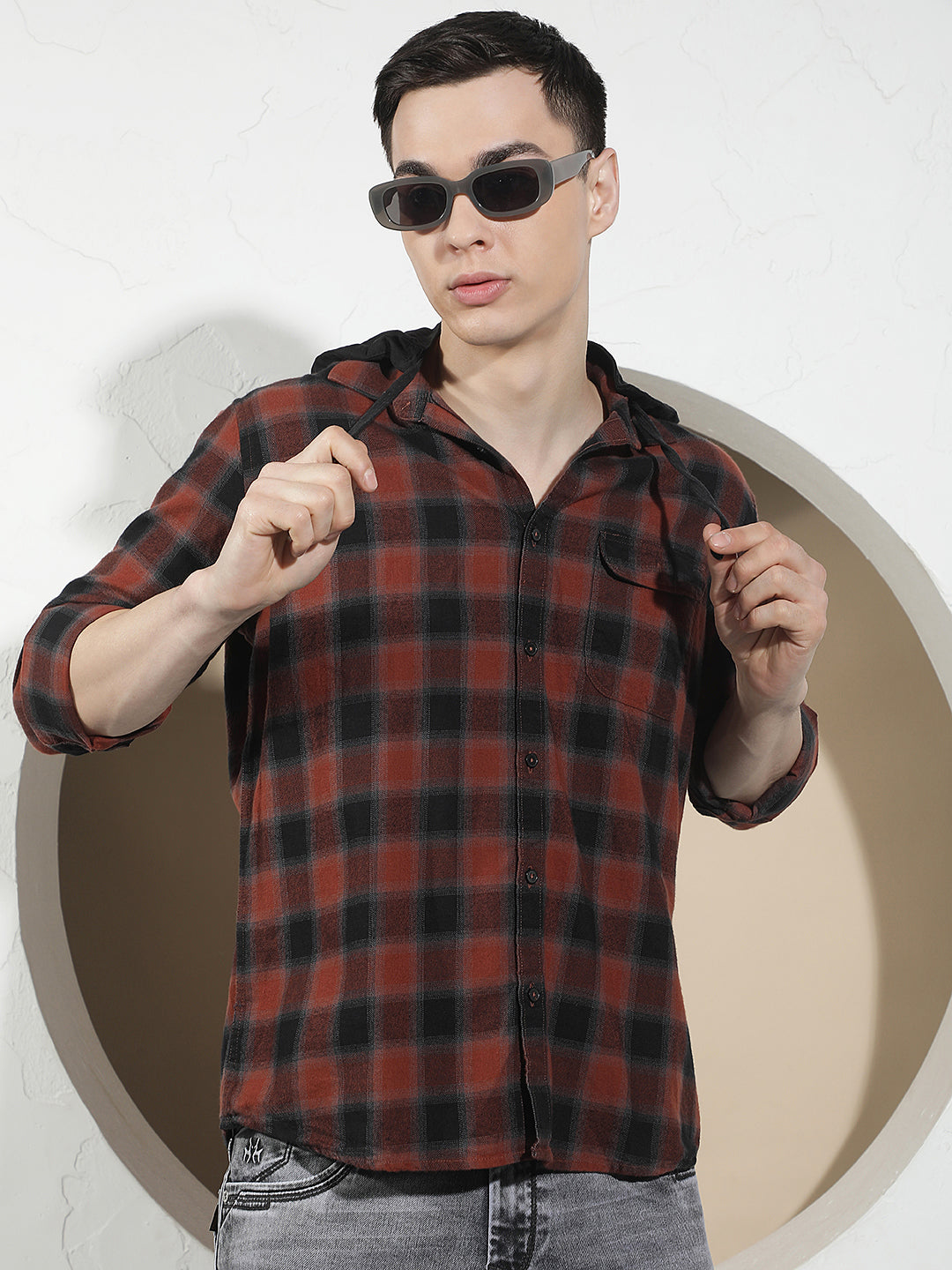 Maroon 100% Cotton Checked &amp; Hooded Shirt