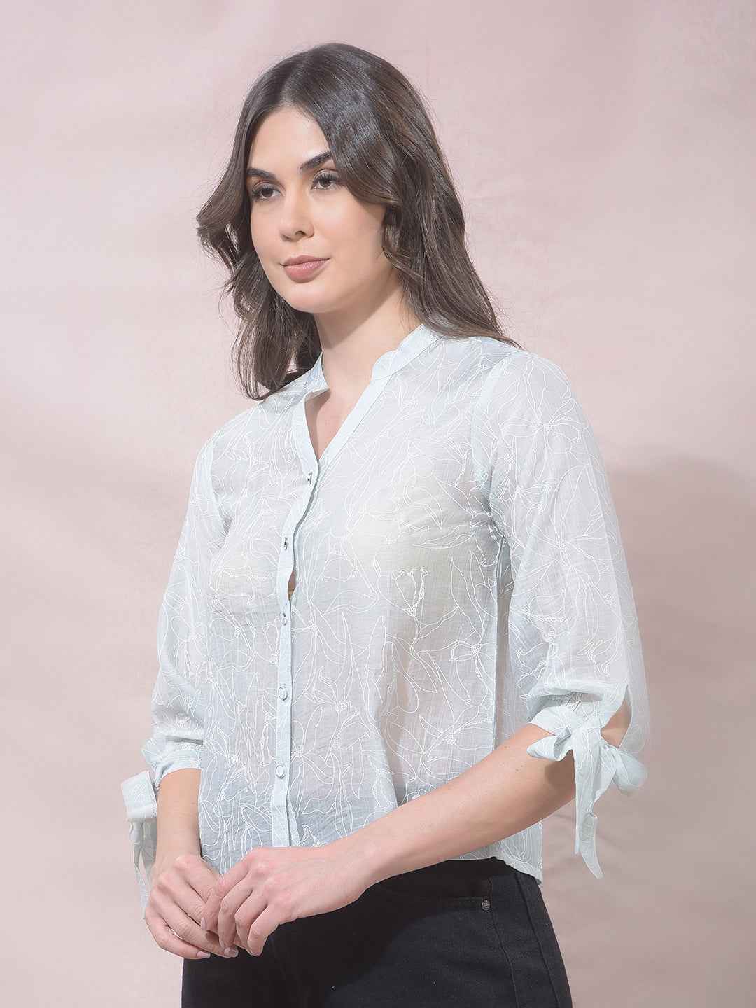 Green Printed V-Neck Shirt