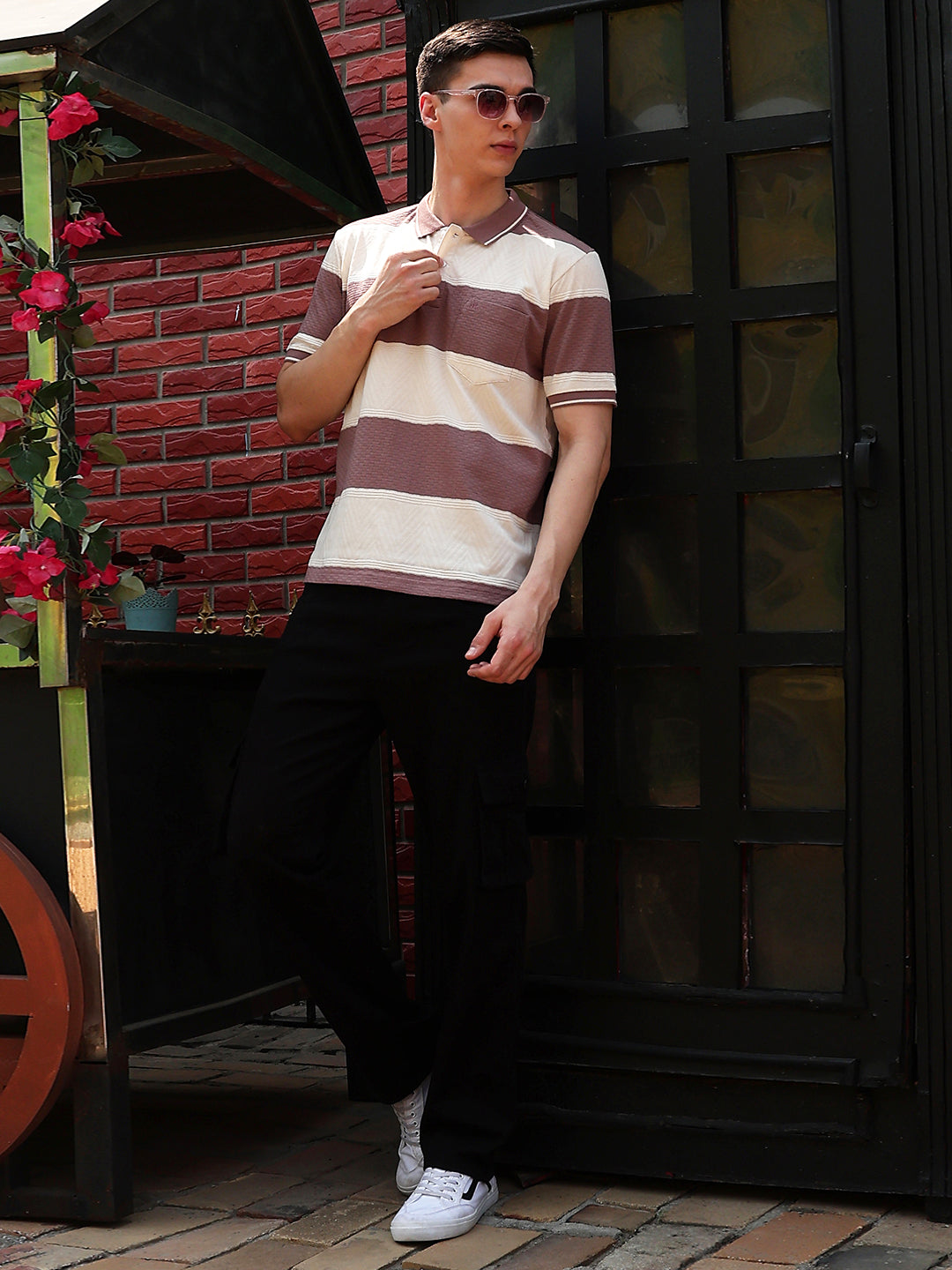 Purple Horizontal Striped Polo Neck T-Shirt