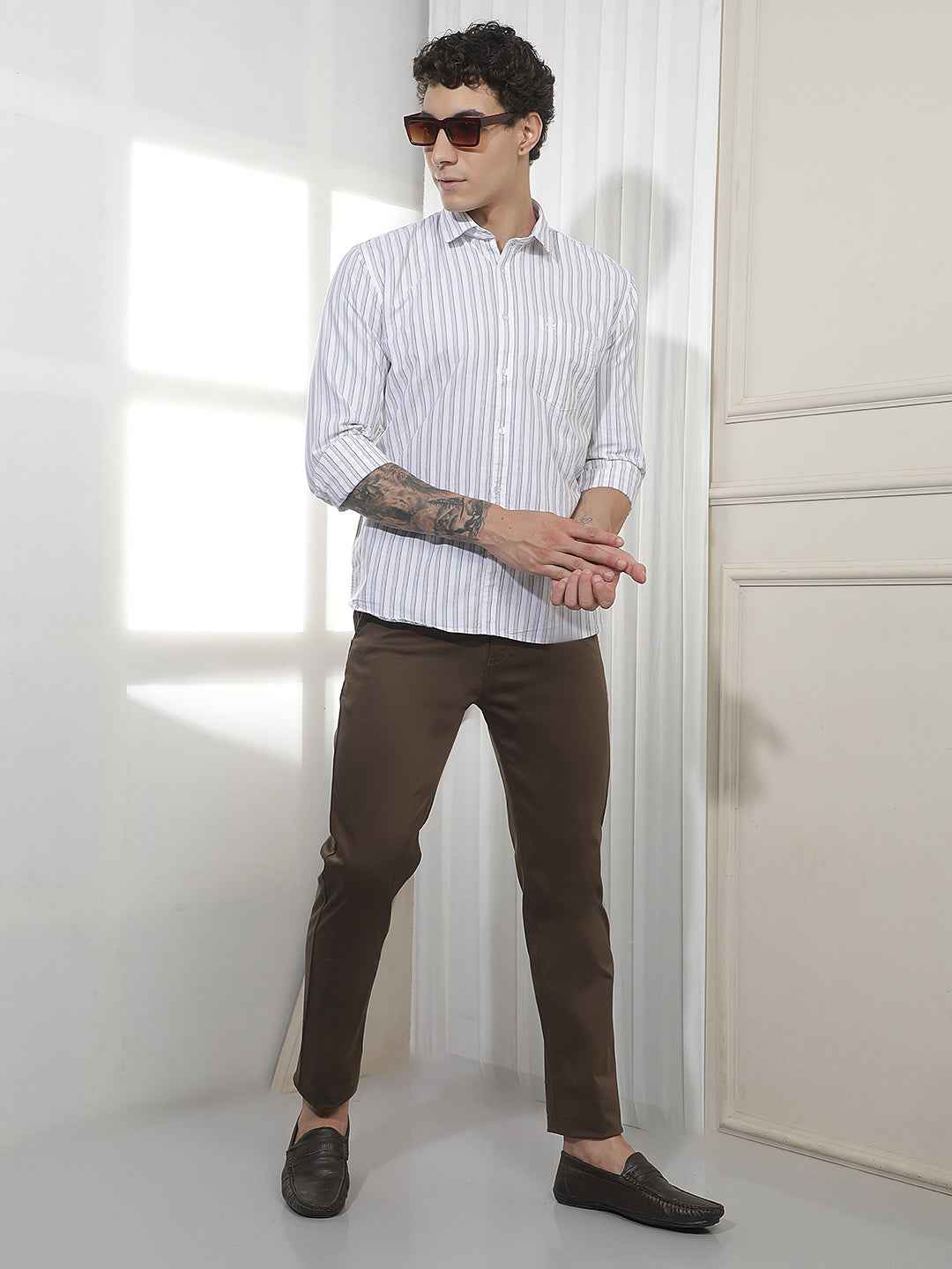 Green Vertical Striped 100% Cotton Shirt