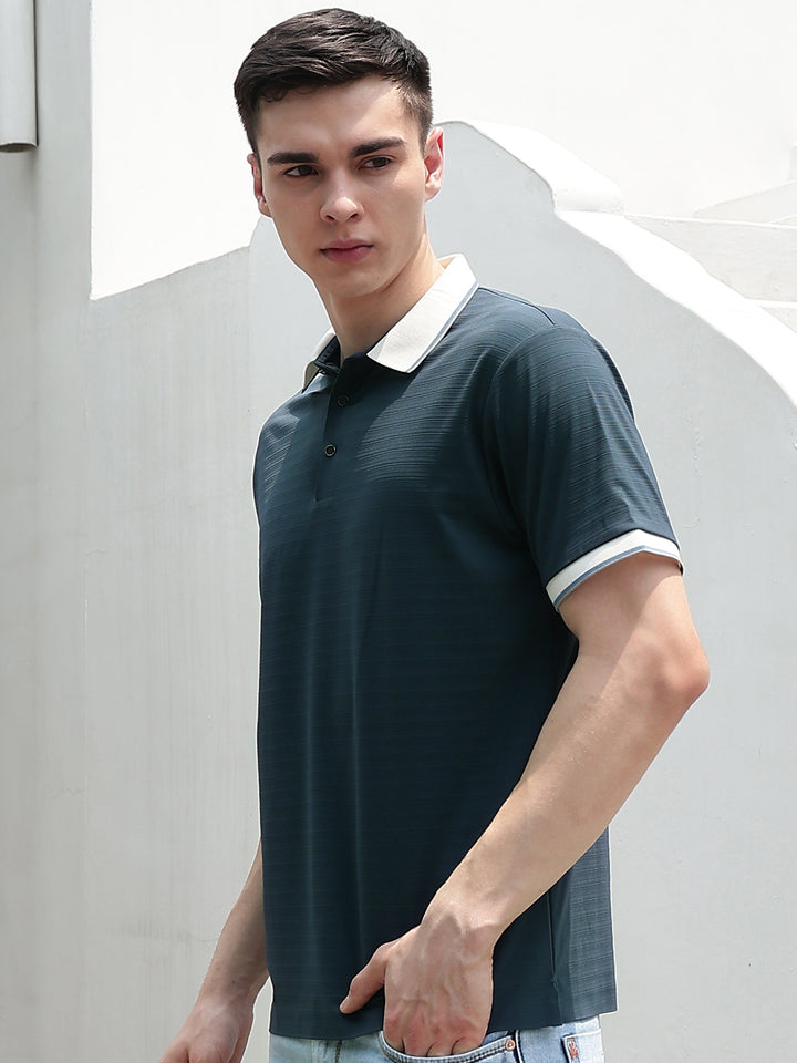 Green Horizontal Striped Polo Neck T-Shirt