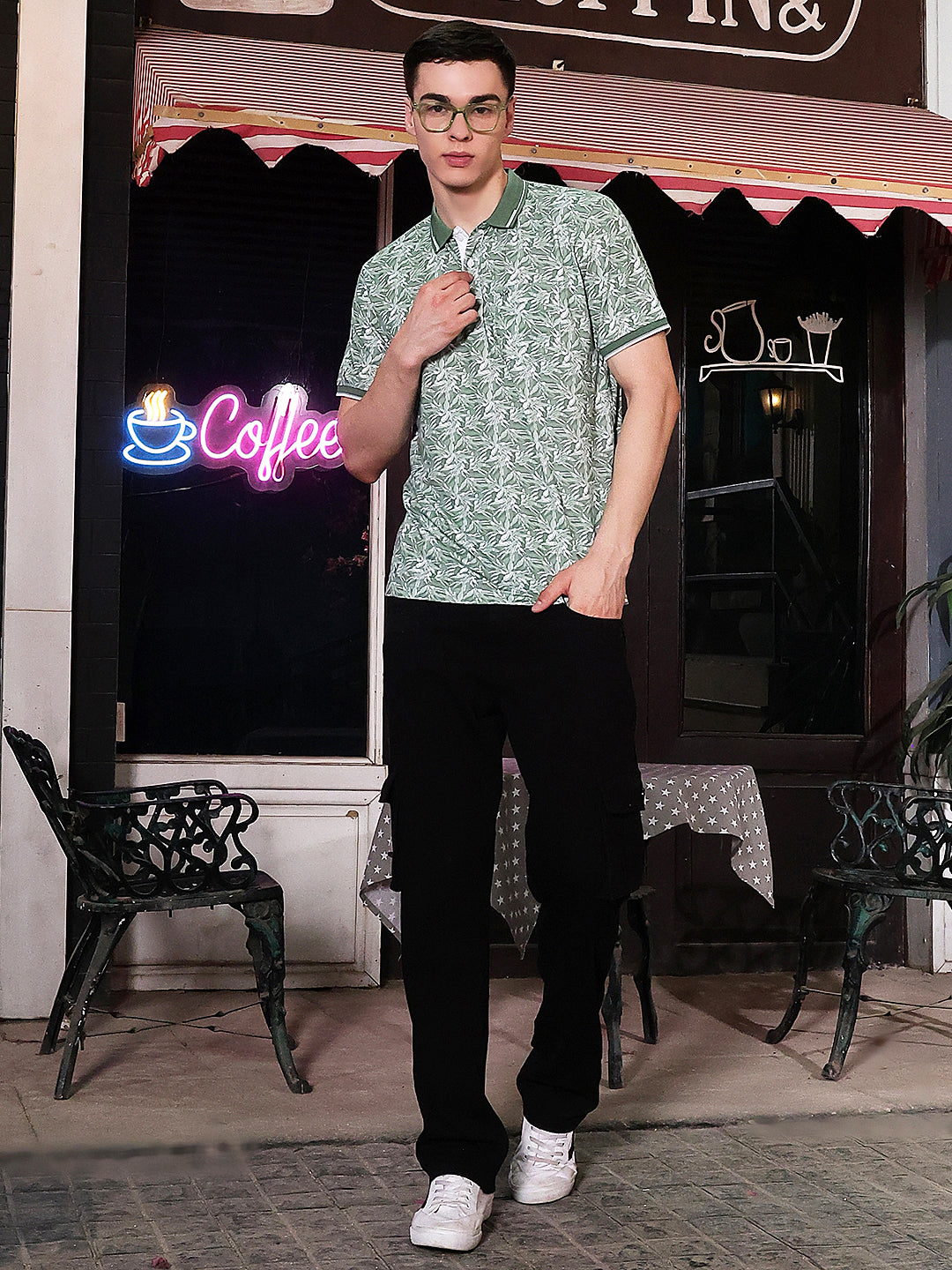 Green Botanical Print Polo Neck T-Shirt