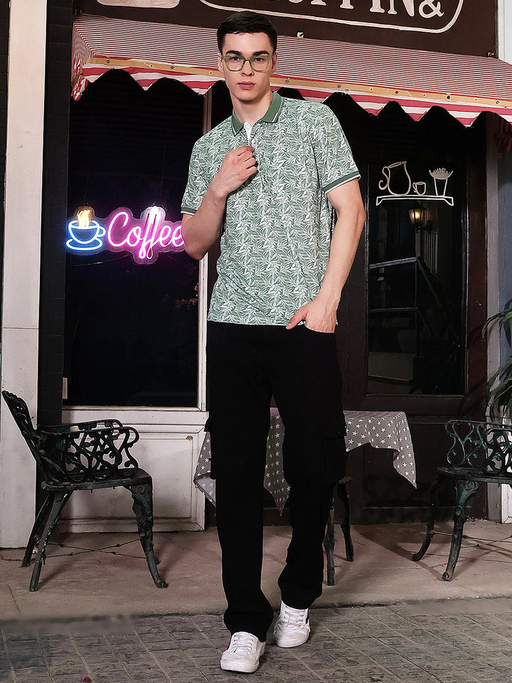 Green Botanical Print Polo Neck T-Shirt