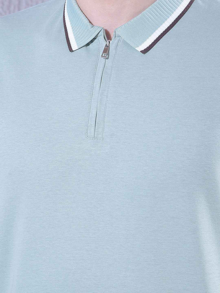 Green Polo Neck T-Shirt with Zip Closure