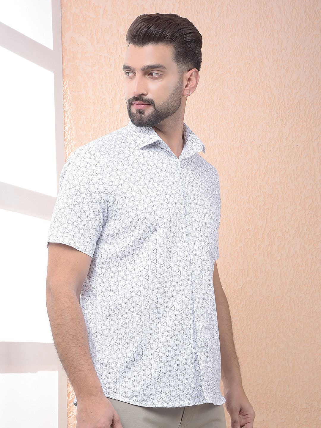 White Geo Motif Casual Shirt