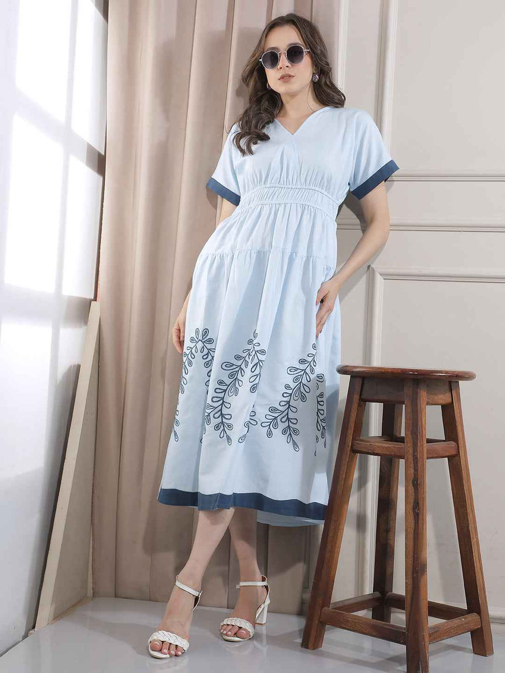 Blue Embroidered V-Neck A-Line Midi  Dress