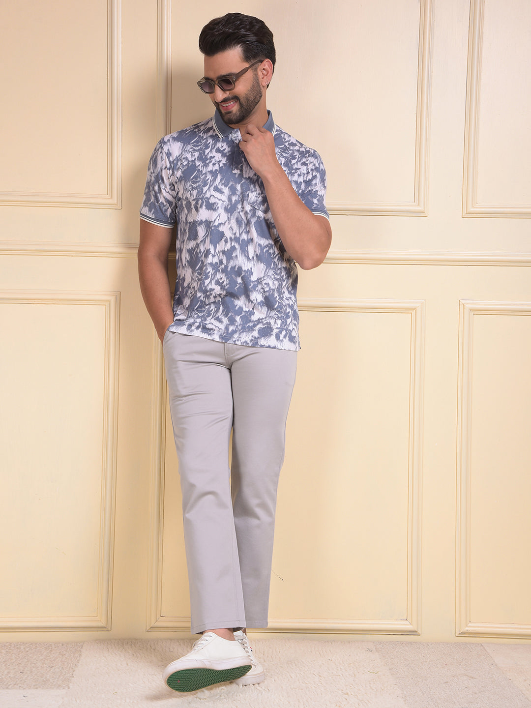 Blue Abstract Print Polo Neck T-Shirt