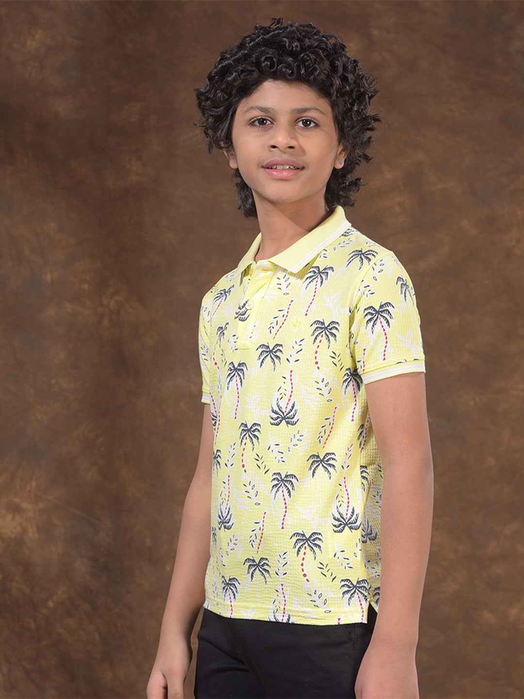 Yellow Floral Print Polo Neck T-Shirt