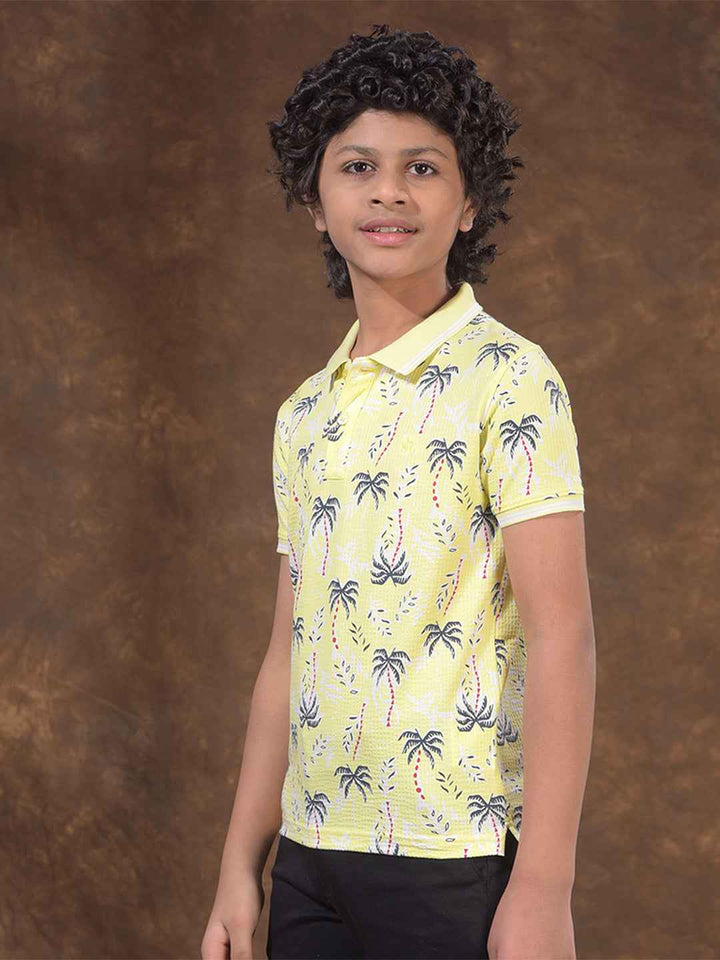 Yellow Floral Print Polo Neck T-Shirt