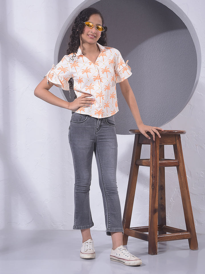 Orange Floral Print V-Neck Shirt