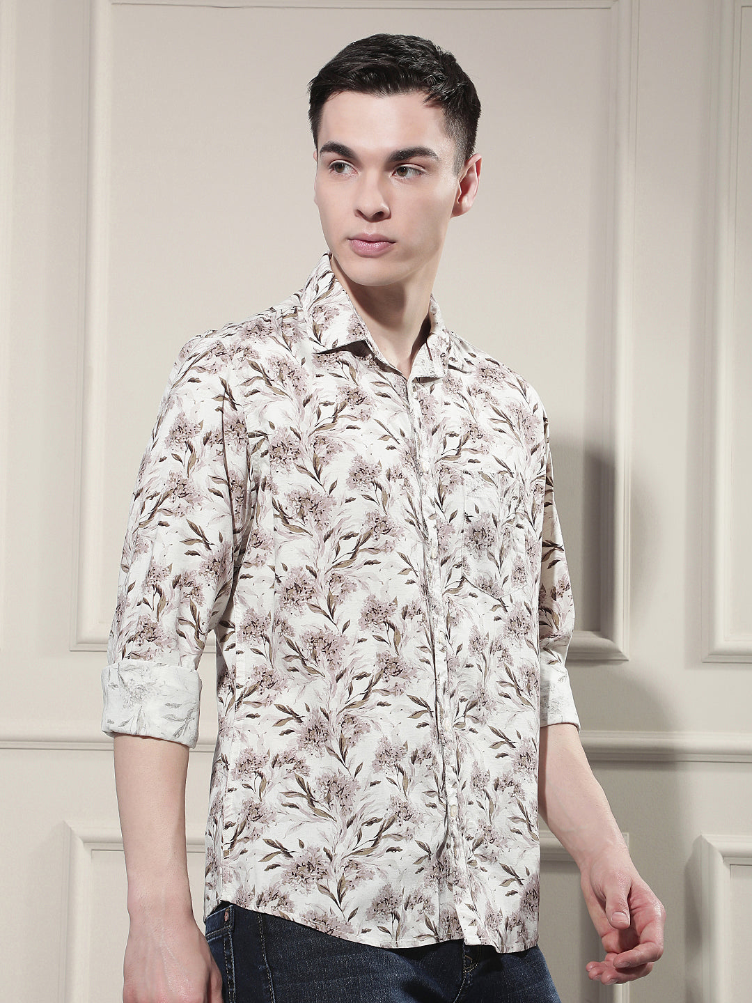 Brown Floral Print Linen Shirt