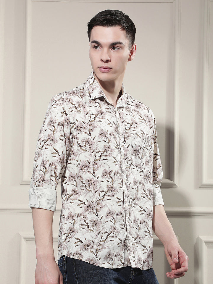 Brown Floral Print Linen Shirt