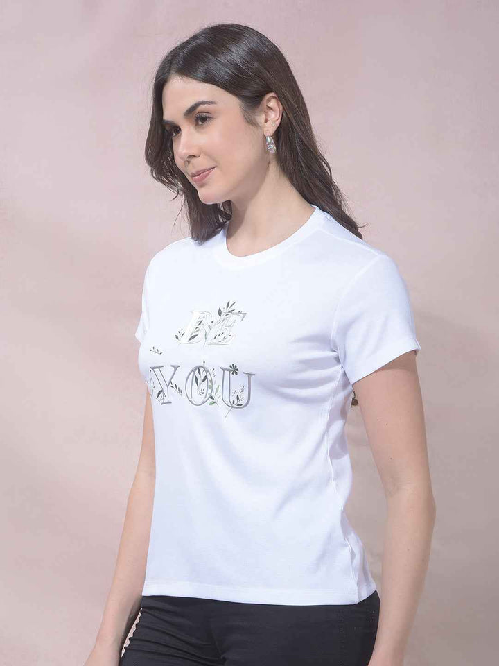 White Typographic Print Modal T-Shirt