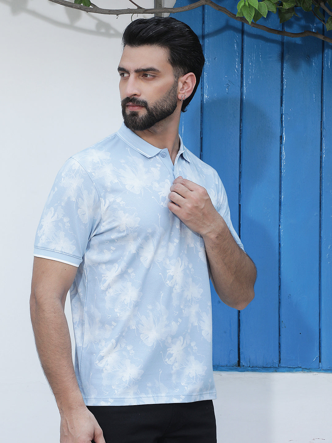 Blue Floral Print Polo Neck T-Shirt