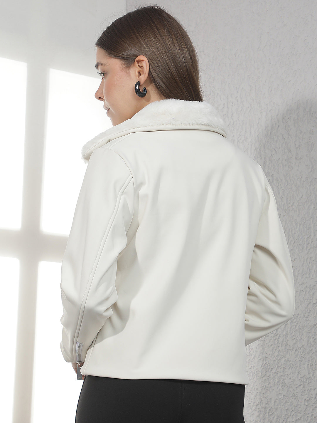 Cream Fur Collar Leather Jacket
