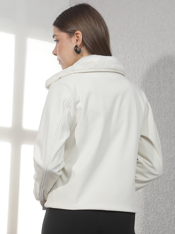 Cream Fur Collar Leather Jacket
