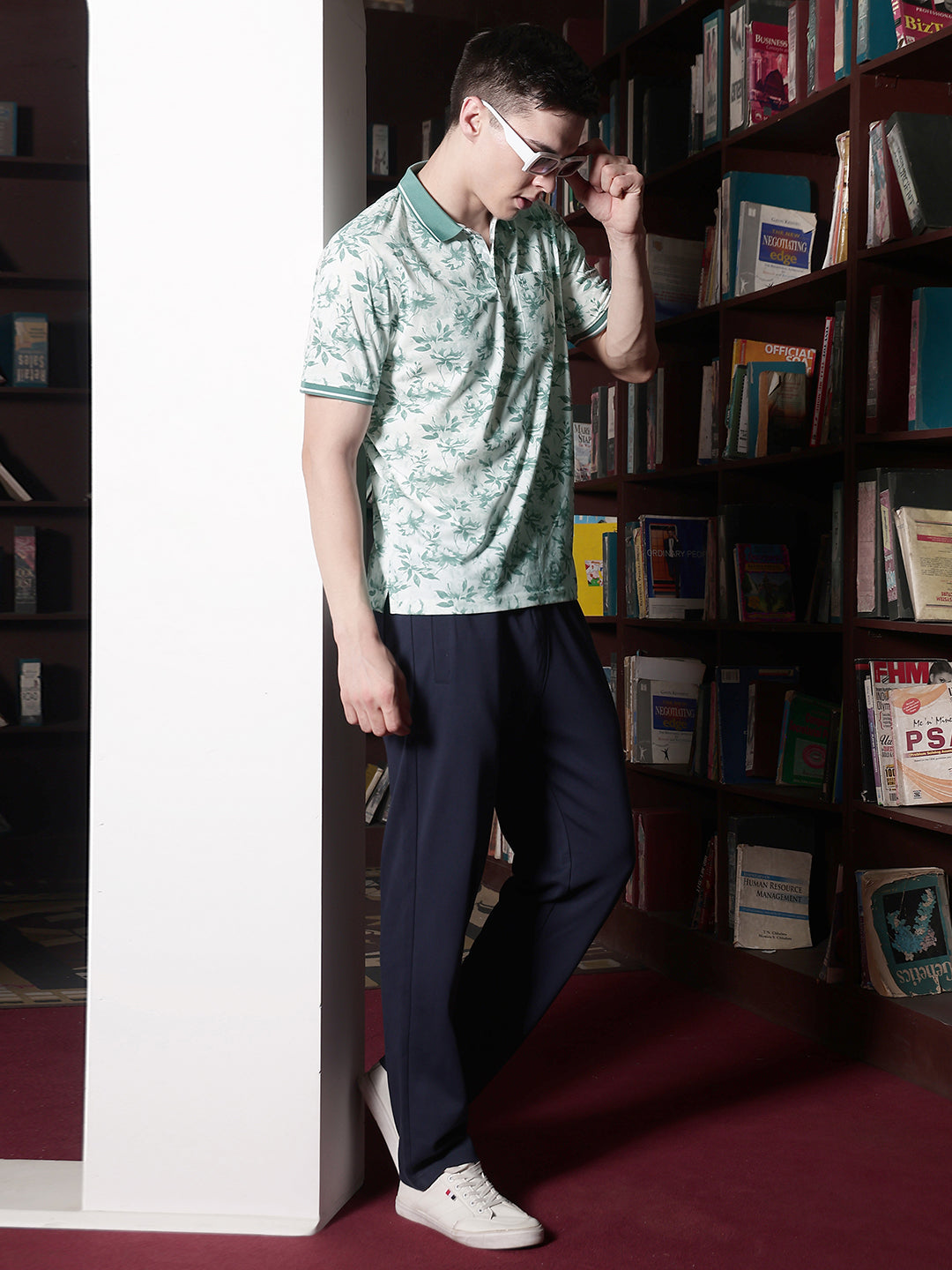 Green Floral Print Polo Neck T-Shirt