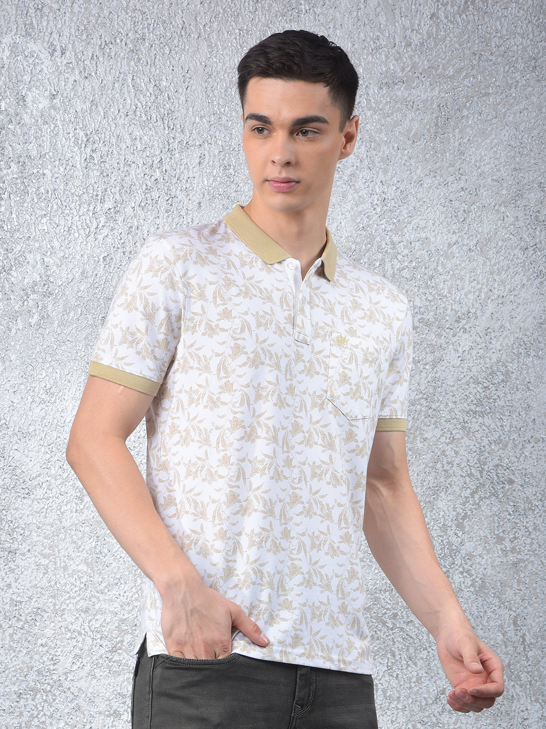 Olive Floral Print Polo-Neck T-Shirt