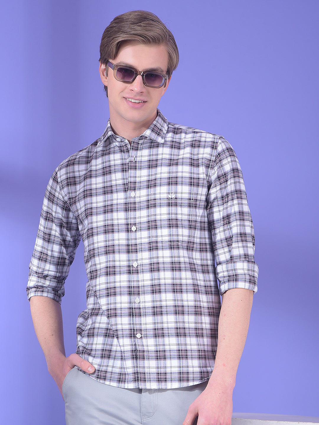 Brown Checked 100% Cotton Button-Down Collar Shirt