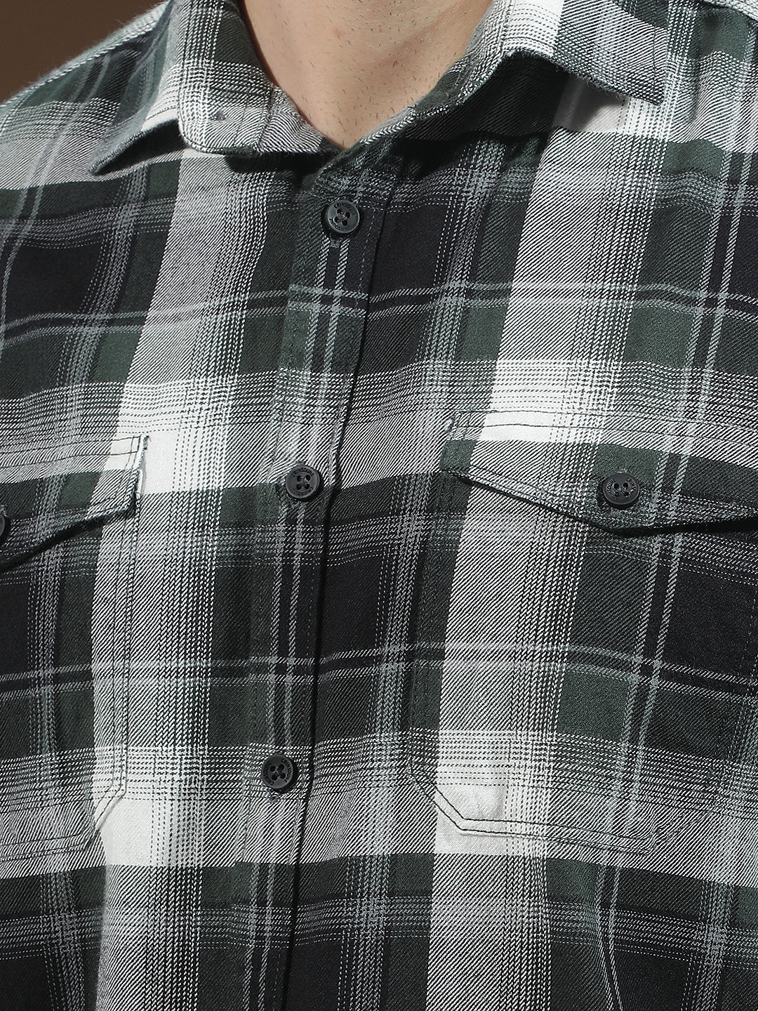 Green Checked 100% Cotton Double Pocket Shirt