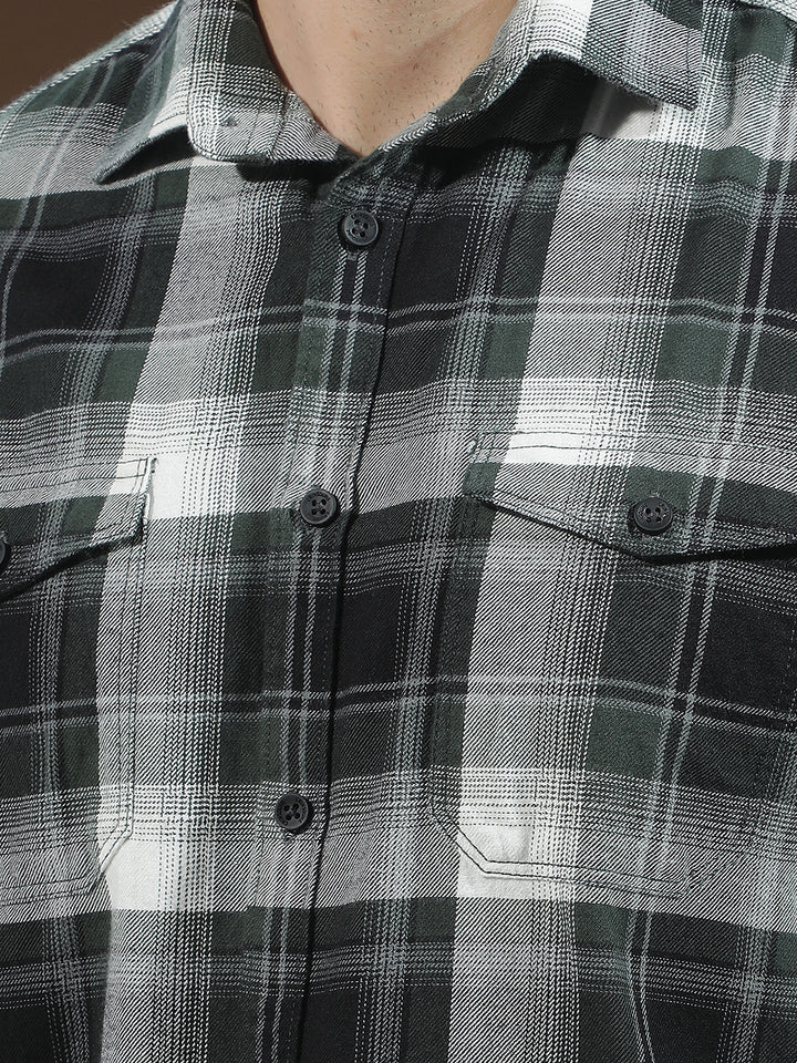 Green Checked 100% Cotton Double Pocket Shirt