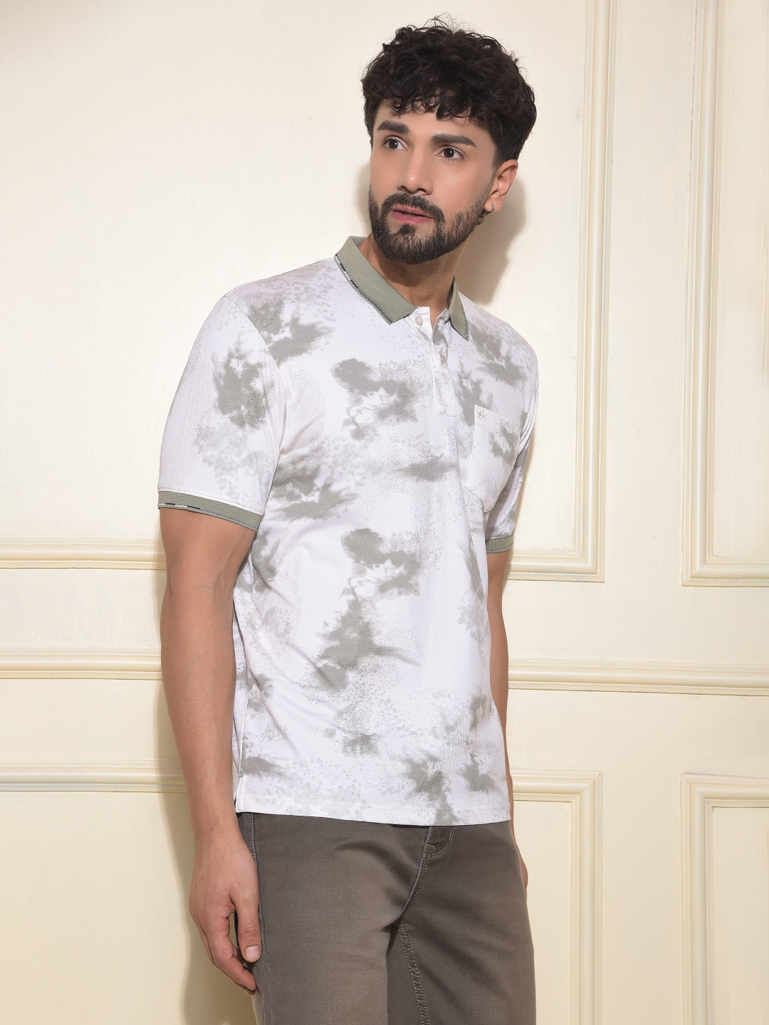 Olive Printed Polo-Neck T-Shirt