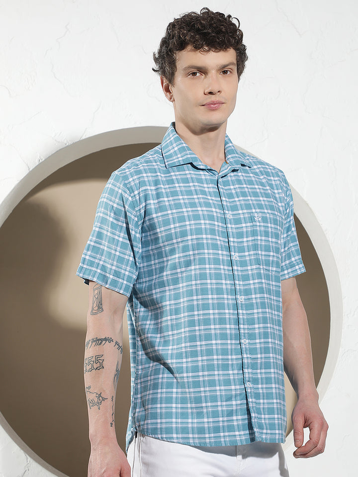 Structured Ocean Blue Checked Shirt