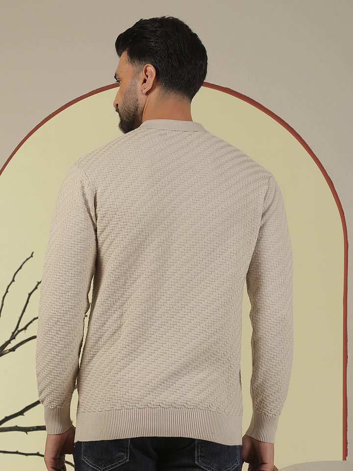 Beige 100% Cotton Knitted Polo Neck Sweater
