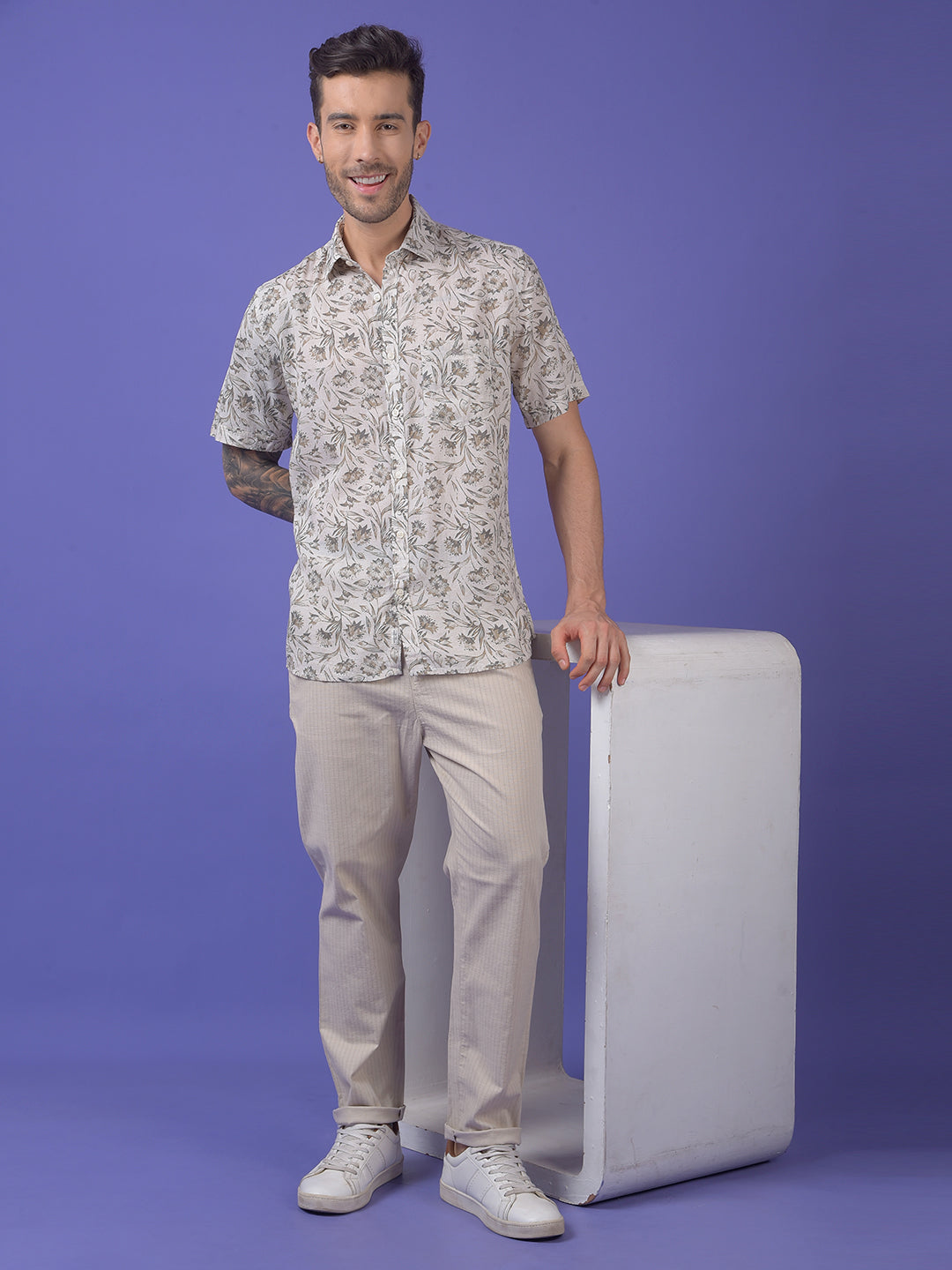 Olive Floral Print Linen Shirt