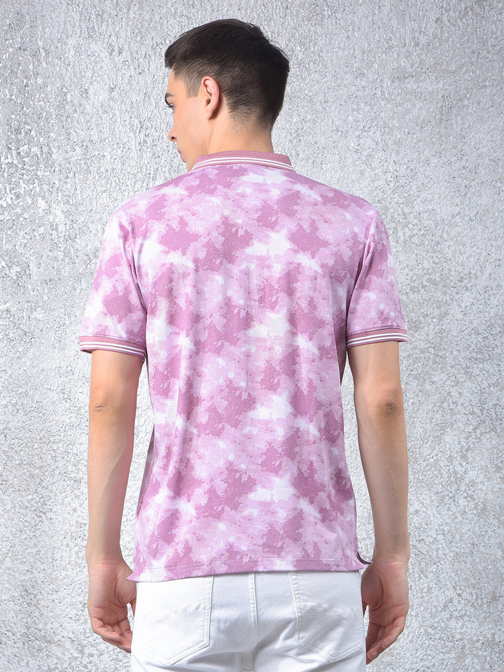 Pink Printed Polo-Neck T-Shirt