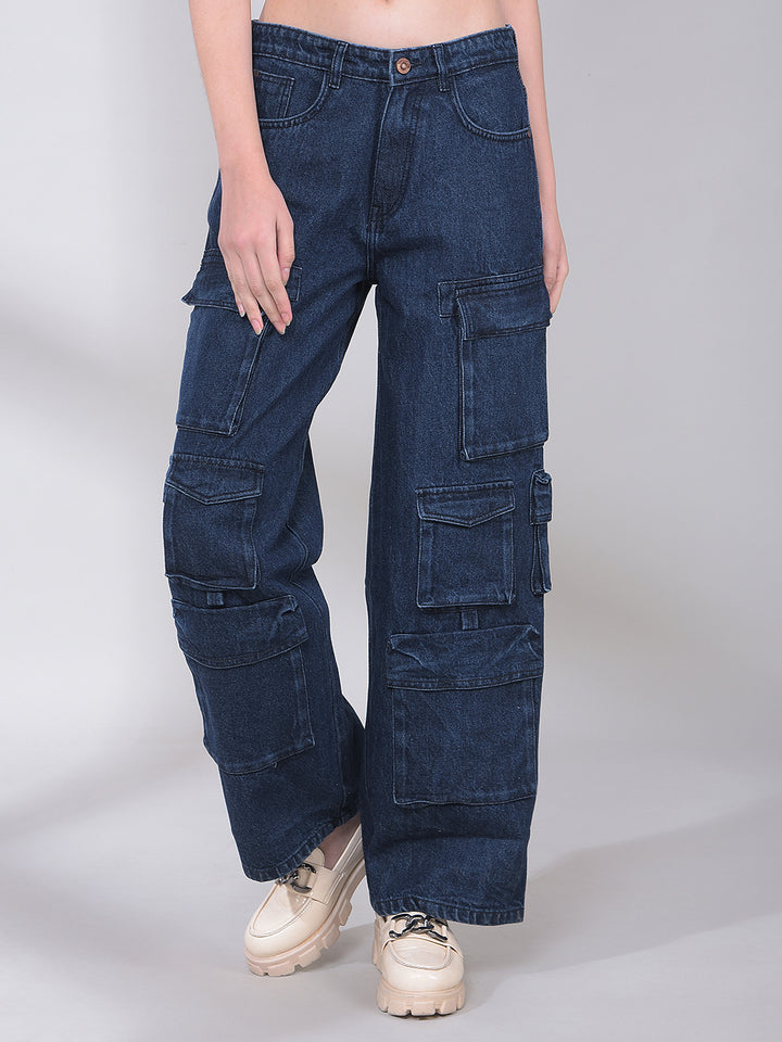 Blue 100% Cotton Cargo Jeans-Women Jeans-Crimsoune Club