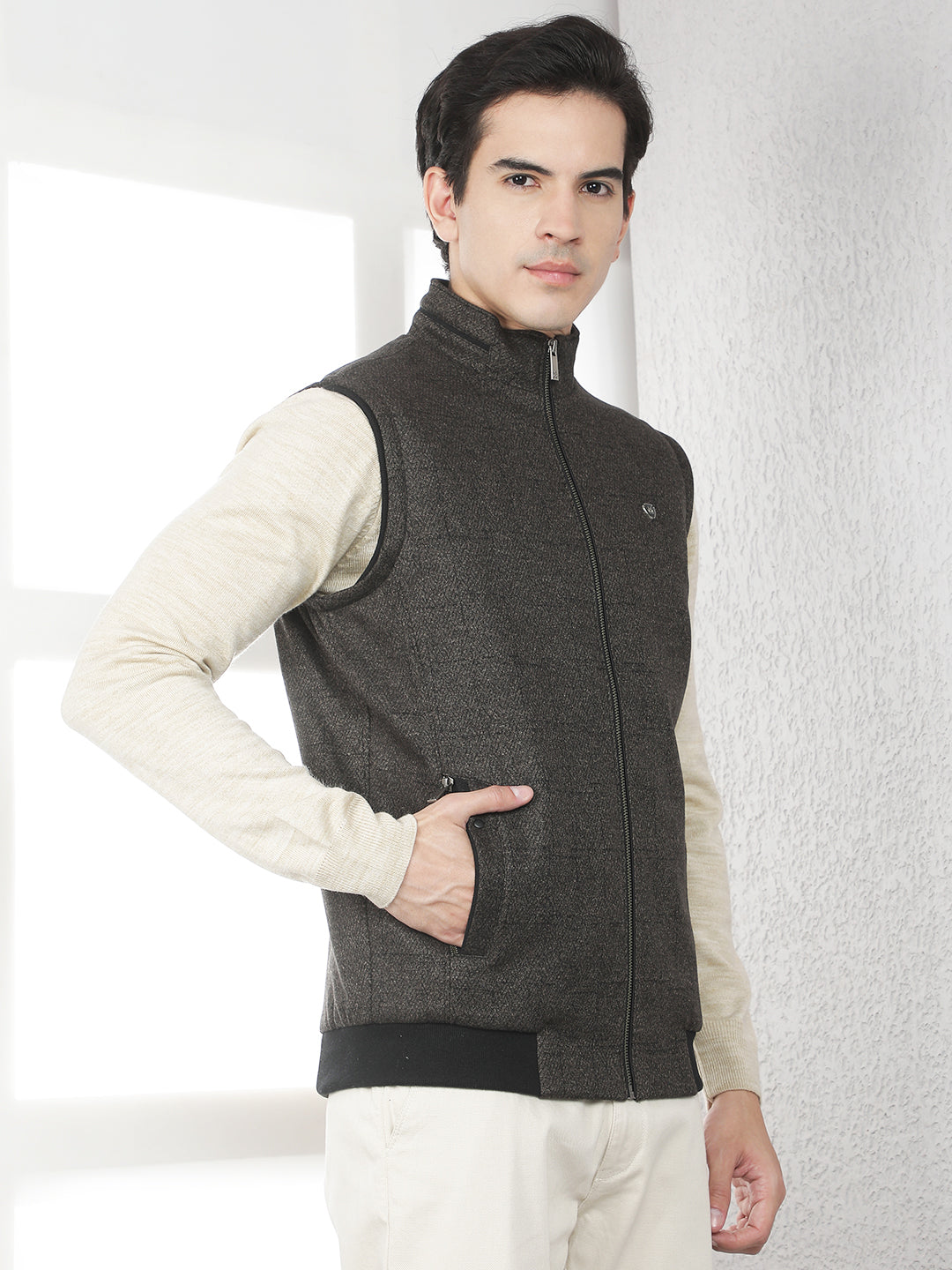 Brown Jacquard Sleeveless Jacket
