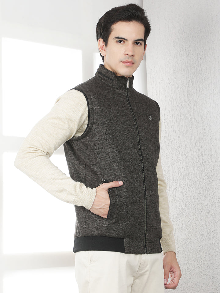 Brown Jacquard Sleeveless Jacket