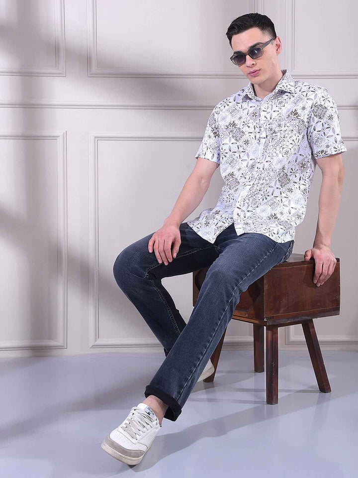 Brown 100% Cotton Floral Print Shirt