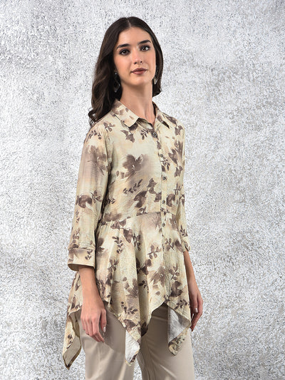Green Floral Print Mid-Thigh Length Top