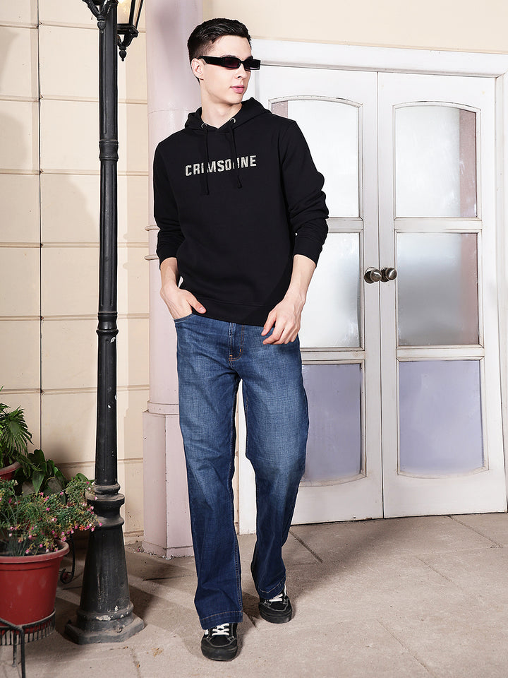 Black Typographic Print Hooded Neck Sweatshirt