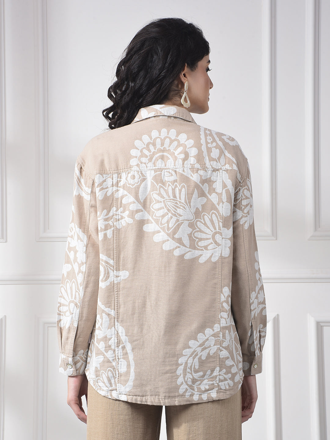 Beige Floral Print Linen Shirt