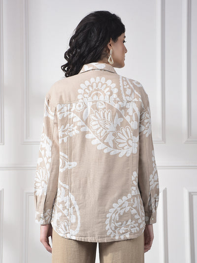Beige Floral Print Linen Shirt