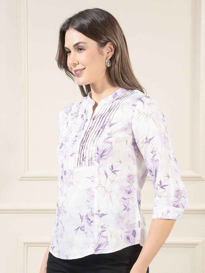 Purple Linen Round Neck Floral Printed Top