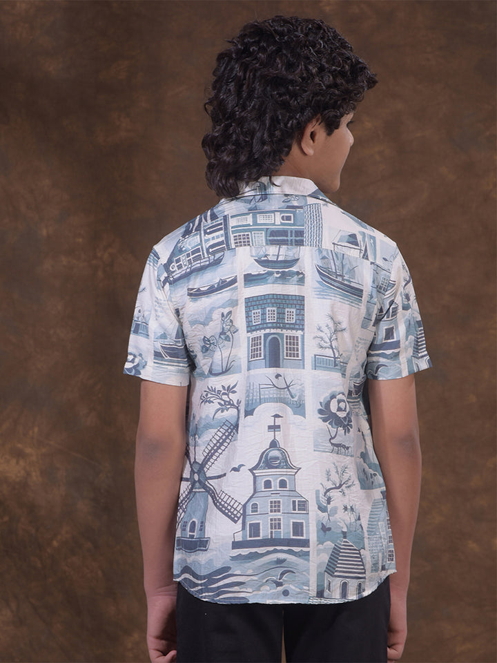 Blue Motif Print Shirt & Tee Set Layered Look